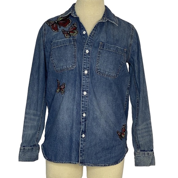 LUCKY BRAND Embroidered Butterfly Denim Boyfriend Shirt – XS - Picture 7 of 16